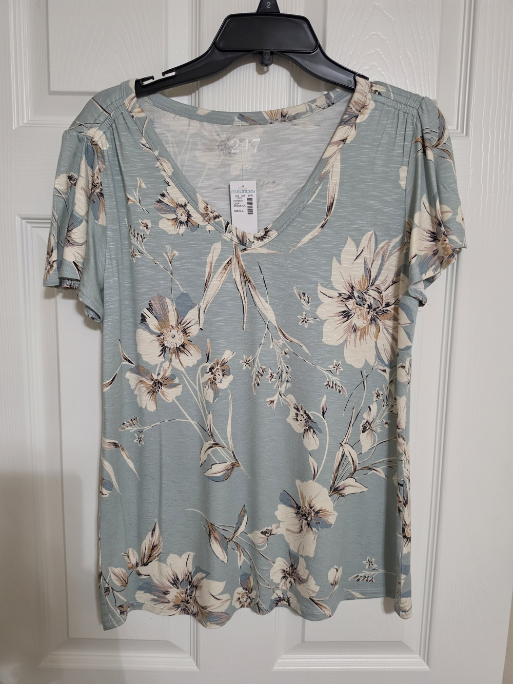 Maurices Sage Blue Floral V-Neck Short Sleeve Top
